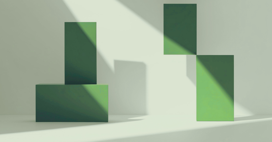 Minimal geometric green blocks arranged in structured layout representing product categorization and system organization.