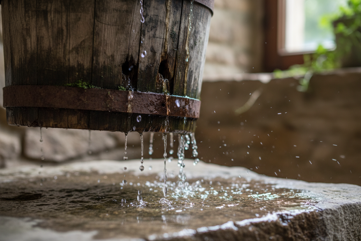 Illustration of a bucket leaking water from multiple holes, representing lost efficiency in a business system.