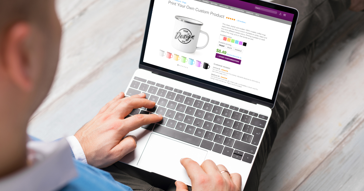 Shopper browsing a customizable product page on a laptop.