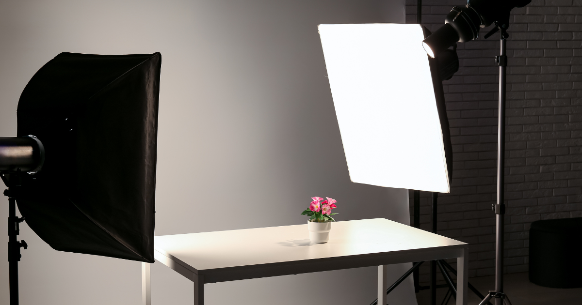 Product photography studio with softbox lights surrounding a small potted flower.