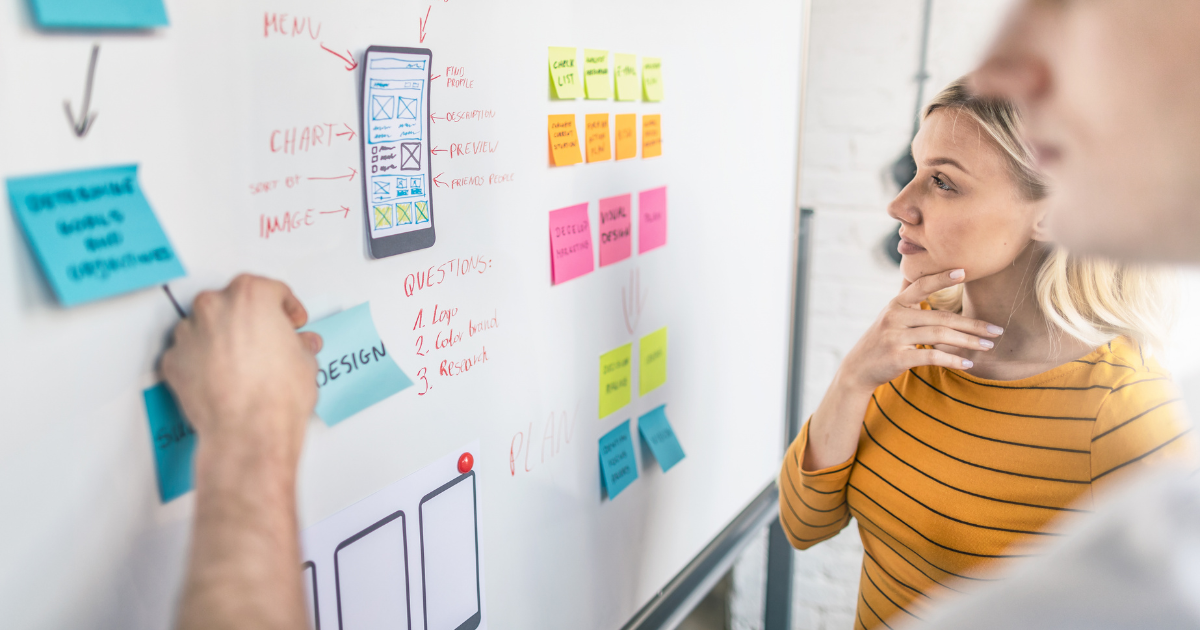 Team planning website content and mobile page structure on a whiteboard.